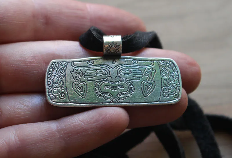 Xochipilli, Aztec drum necklace in sterling silver
