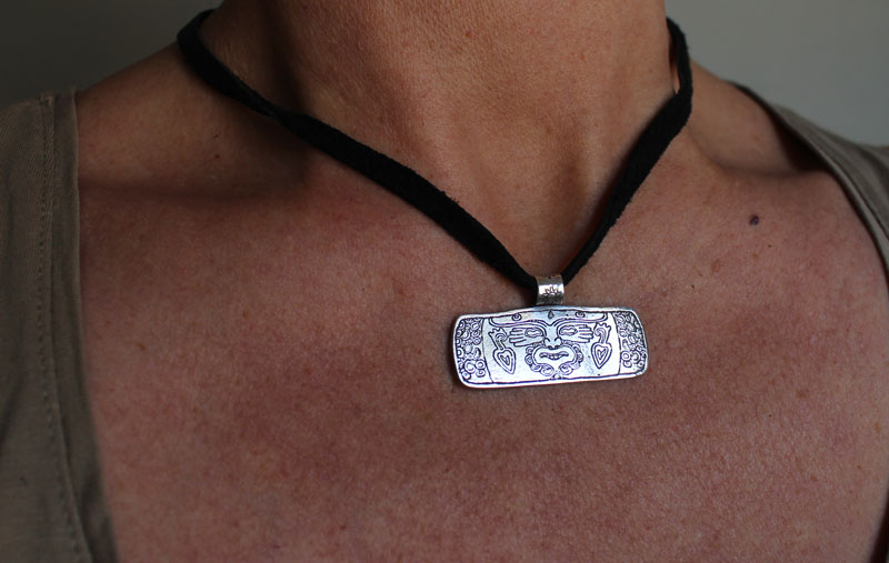 Xochipilli, Aztec drum necklace in sterling silver