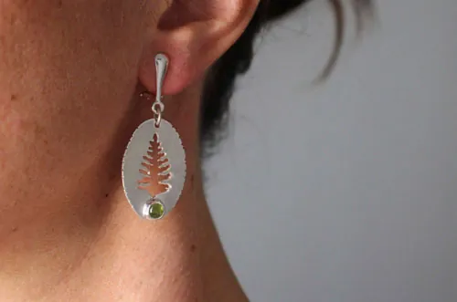 Xylia, forest tree earrings in sterling silver and peridot