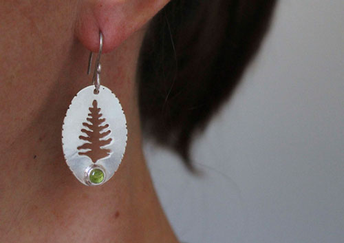 Xylia, tree from the forest earrings in sterling silver and peridot