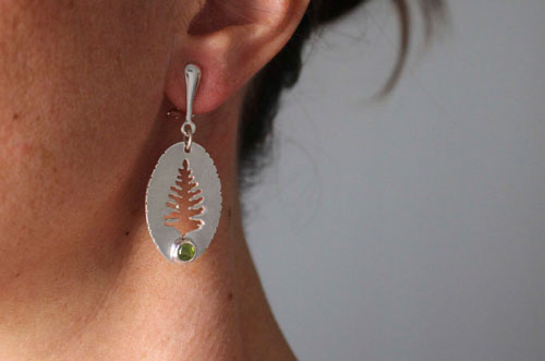 Xylia, tree from the forest earrings in sterling silver and peridot for non-pierced ears