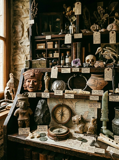 cabinet of curiosities featuring archaeological objects from different cultures around the world