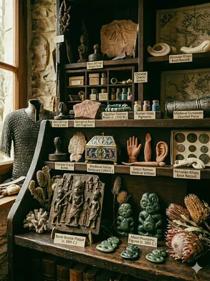 Cabinet of curiosities featuring objects that showcase the richness of human creativity across the world and through time