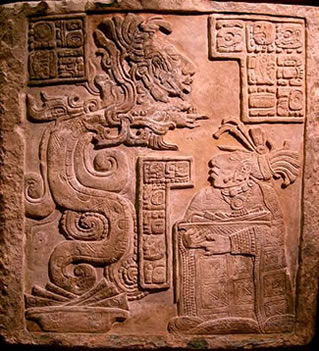 Stone engraved with the vision serpent, Kukulkan, from the archaeological site of Yaxchilan, Mexico