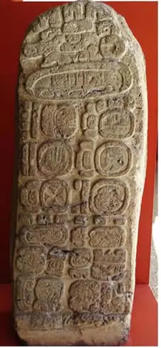 Example of a Maya stele showing the same model that we used for our jewelry (Uaxactun, Guatemala)