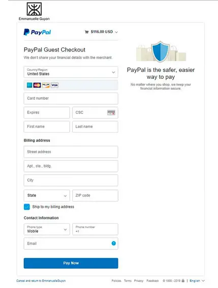 PayPal payment form for credit card checkout